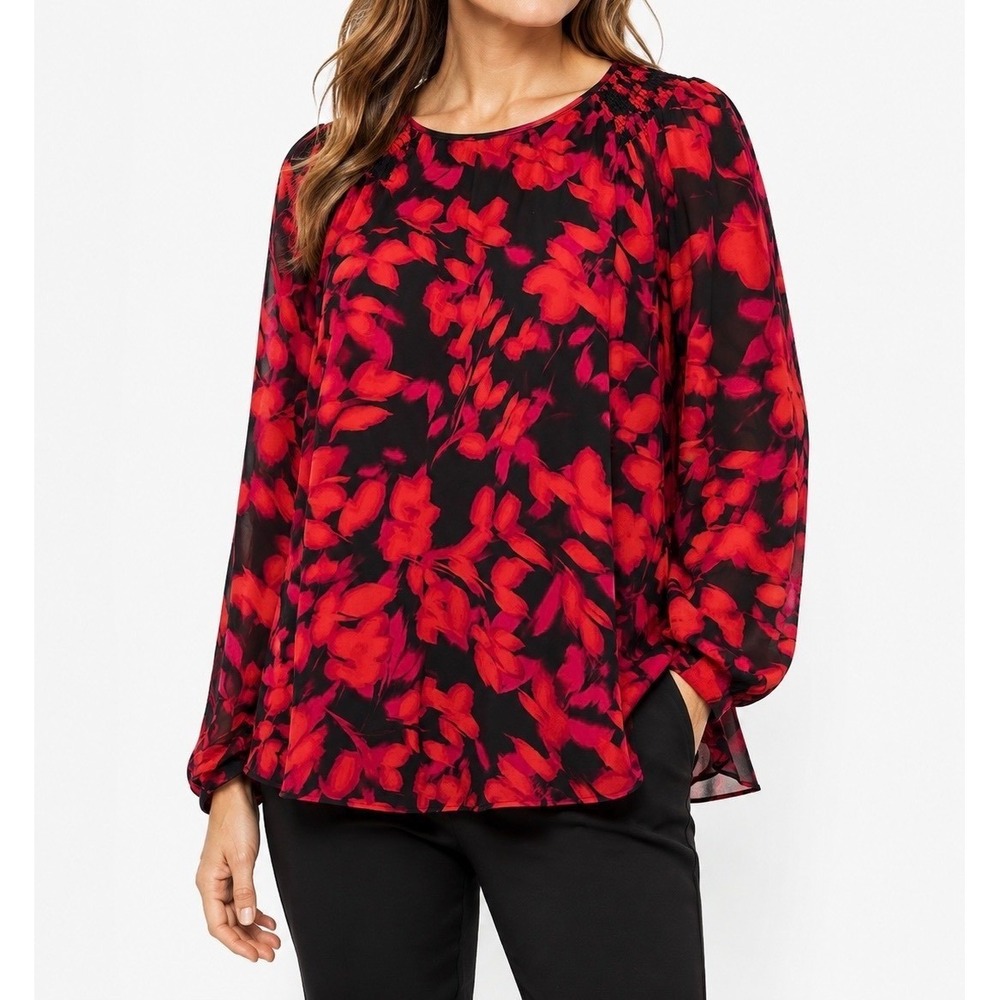 Calvin Klein Red Black Floral Smocked Long Sleeve Blouse Top 0X Plus Size
